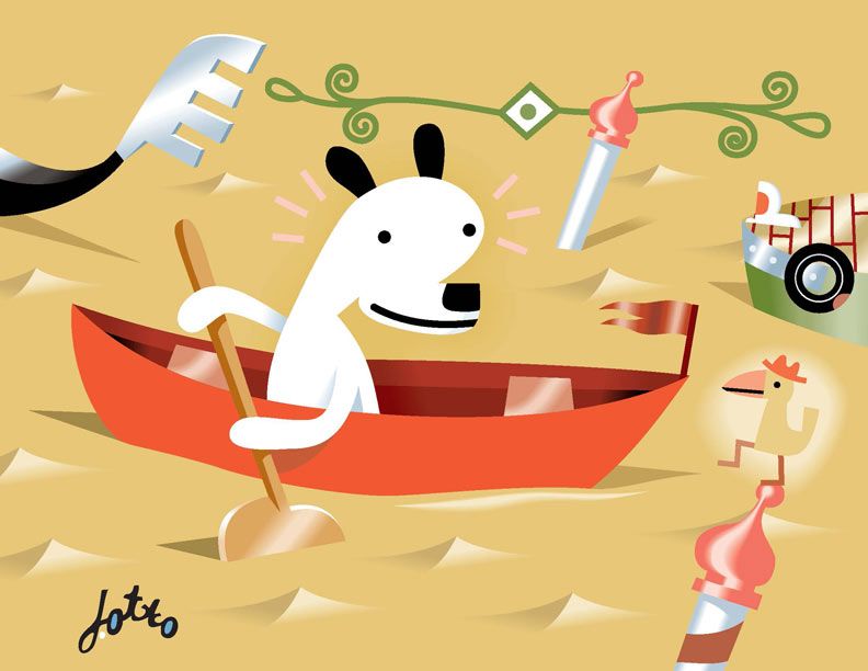 J. Otto Seibold, Detail from the cover of Mr. Lunch Borrows a Canoe by J. Otto Seibold and Vivian Walsh, 1994. Vector illustration