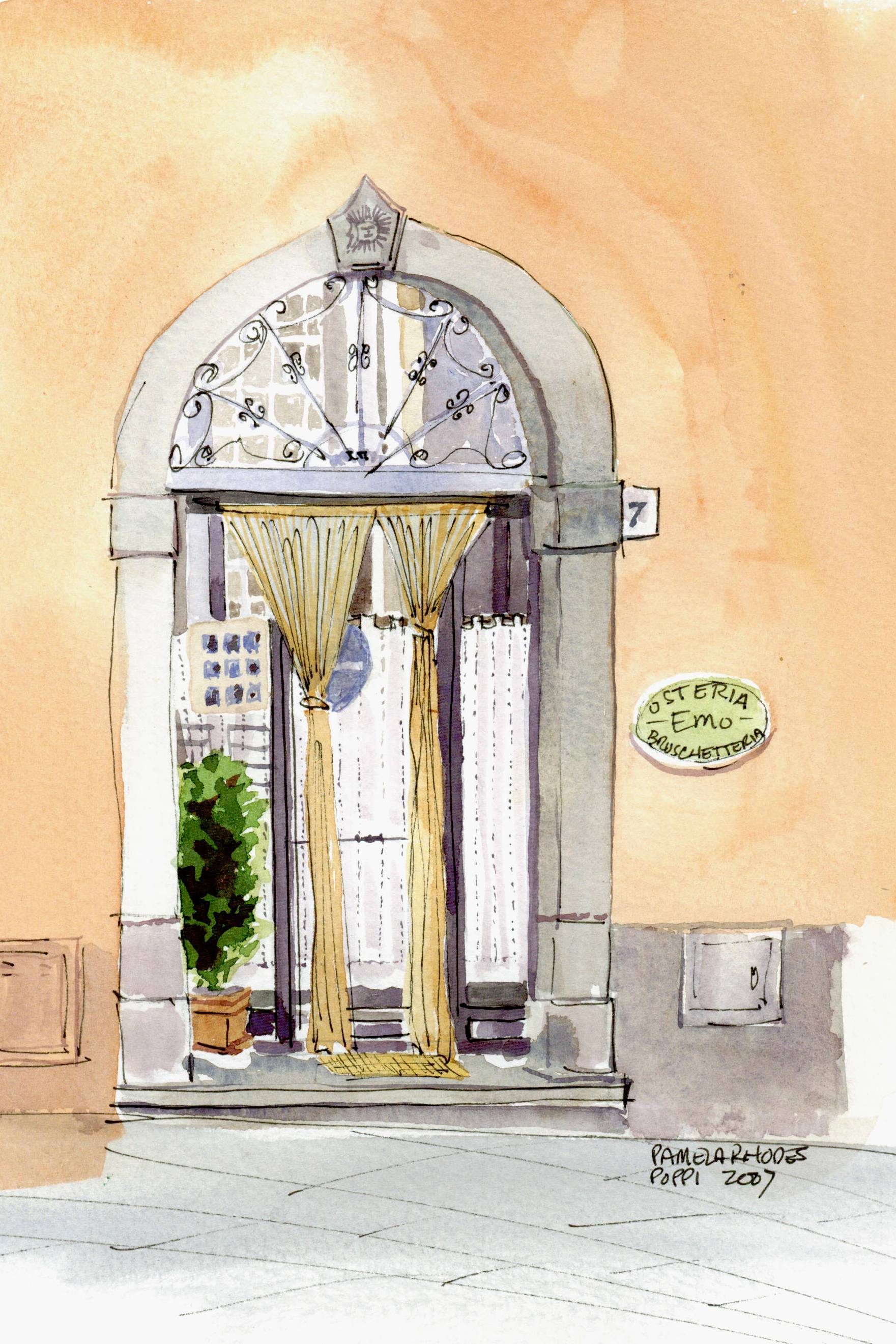 Pamela Rhodes, "Osteria Emo ~ Bruschetteria", watercolor — at Poppi, Italy